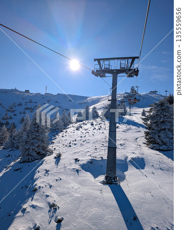 Snowy mountain ridge with forest and ski cables in Kopaonik. Winter landscape balance, outdoor recreation, and harmony between nature and infrastructure in alpine resort setting Snowy mountain ridge with forest and ski cables in Kopaonik. Winter landscape balance, outdoor recreation, and harmony between nature and infrastructure in alpine resort setting 135559656