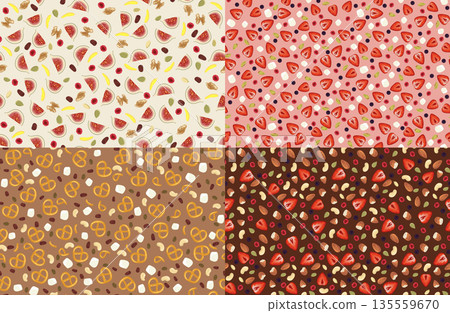 Set of 4 seamless patterns of chocolate with fruits and nuts Vector background 135559670