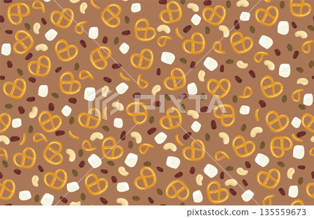 Milk chocolate seamless pattern with nuts and pretzels vector background 135559673
