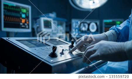 Surgeon's Hands Controlling Advanced Medical Equipment in High-Tech Operating Room for Precision Surgery. Surgeon's Hands Controlling Advanced Medical Equipment in High-Tech Operating Room for Precision Surgery. 135559720