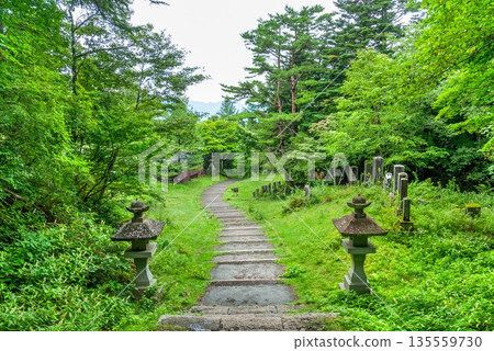 The stone-paved approach to Fujidake Shrine on the Yoshidaguchi trail to Mt. Fuji and a pair of stone lanterns that tell the story of the shrine's history The stone-paved approach to Fujidake Shrine on the Yoshidaguchi trail to Mt. Fuji and a pair of stone lanterns that tell the story of the shrine's history 135559730