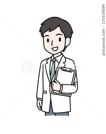 插畫素材:一位身穿白大褂的男性醫護人員手持醫療紀錄 插畫素材:一位身穿白大褂的男性醫護人員手持醫療紀錄 135559894