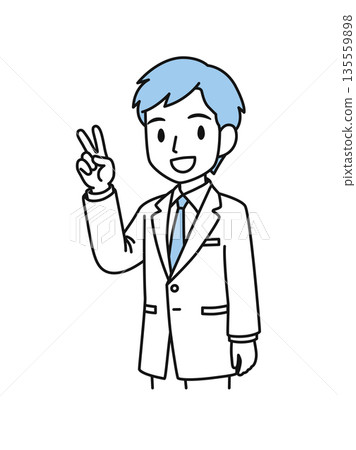 插畫素材:一位身穿白大褂的男性醫護人員做出和平手勢 插畫素材:一位身穿白大褂的男性醫護人員做出和平手勢 135559898
