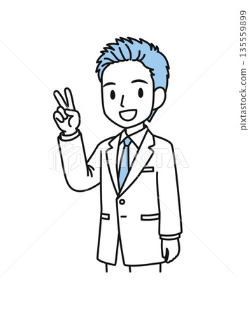 Illustration material of a male medical professional in a white coat making a peace sign Illustration material of a male medical professional in a white coat making a peace sign 135559899