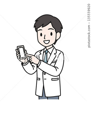 插畫素材:一位身穿白大褂的男性醫護人員正指著一部智慧型手機 插畫素材:一位身穿白大褂的男性醫護人員正指著一部智慧型手機 135559920