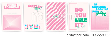 Pink pastel abstract poster set with wavy stripes pattern, minimal typography layouts, modern Y2K aesthetic backgrounds. Modern Templates of Covers or poster banners.  135559995