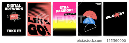 Bold retro typography poster templates on black background with neon gradients, speed lines and pop art slogan layouts Bold retro typography poster templates on black background with neon gradients, speed lines and pop art slogan layouts 135560000