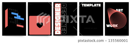 Minimal black typography poster templates with designer layout, geometric shapes, wireframe spiral and modern Swiss brutalism style Minimal black typography poster templates with designer layout, geometric shapes, wireframe spiral and modern Swiss brutalism style 135560001