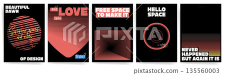 Retro synthwave simple modern poster templates with purple neon gradients, op art waves, geometric circles and modern typography layouts 135560003