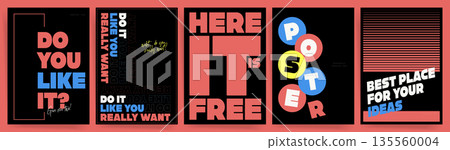 Bold retro typography poster templates with gradient stripes on black background. Modern Templates of Covers or poster banners. Bold retro typography poster templates with gradient stripes on black background. Modern Templates of Covers or poster banners. 135560004