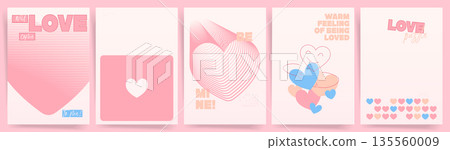 Pastel Valentine love poster templates with minimal romantic typography, cute heart patterns and soft modern backgrounds for cards and covers 135560009