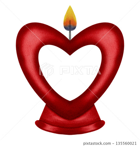 Romantic watercolor illustration of a heart-shaped candle with a small flame. Ideal for romantic designs, Valentine's Day, and wedding invitations, packaging, textiles, postcards 135560021