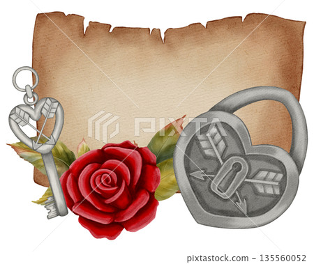 A watercolor illustration of a vintage parchment scroll with red roses, a lock, and a key. Perfect for Valentine's Day cards, romantic prints, holiday branding, packaging, and textiles. Space for text A watercolor illustration of a vintage parchment scroll with red roses, a lock, and a key. Perfect for Valentine's Day cards, romantic prints, holiday branding, packaging, and textiles. Space for text 135560052