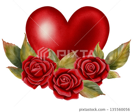 Watercolor illustration of a red heart surrounded by red roses. Romantic card. Perfect for Valentine's Day cards, romantic stationery, holiday branding, packaging, and textiles. Watercolor illustration of a red heart surrounded by red roses. Romantic card. Perfect for Valentine's Day cards, romantic stationery, holiday branding, packaging, and textiles. 135560056