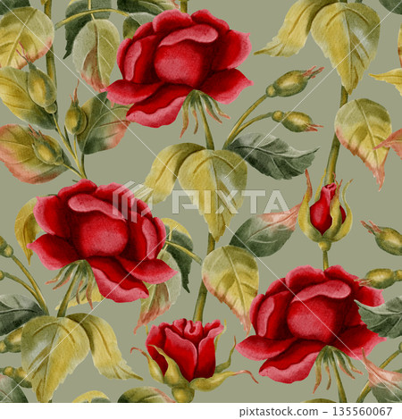 Elegant seamless pattern with hand-drawn watercolor red roses. Perfect for Valentine's Day, weddings, romantic gift wrapping, and floral textile prints. 135560067