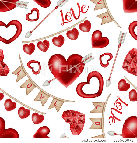 Watercolor seamless pattern with red hearts, arrows and love banners. Ideal for Valentine's Day, romantic cards, packaging, wrapping paper, party decor, cafes, shops and festive menus. 135560072