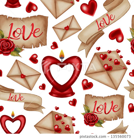 Cozy watercolor seamless pattern with heart-shaped candles, love letters, and red roses. Ideal for Valentine's Day, romantic card, packaging, wrapping paper, party decor, cafes, shops and festive menu 135560073