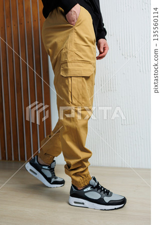 Men's green casual sweatpants with pockets. Lightweight summer pants for men. 135560114