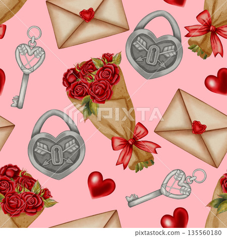 Watercolor seamless pattern with rose bouquets, love letters, and heart-shaped locks. Ideal for Valentine's Day, romantic cards, packaging, wrapping paper, party decor, cafes, shops and festive menu 135560180