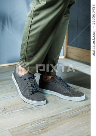 Collection of men's summer shoes. Male legs in gray leather shoes. Men's classic shoe 135560458