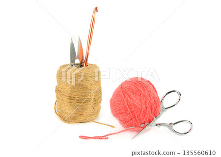 Professional sewing scissors and crochet hook with yarn balls 135560610
