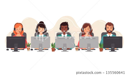 Vector illustration of a diverse customer support team working at desks with computers and plants, showcasing a collaborative office environment. Isolated on transparent background. 135560641