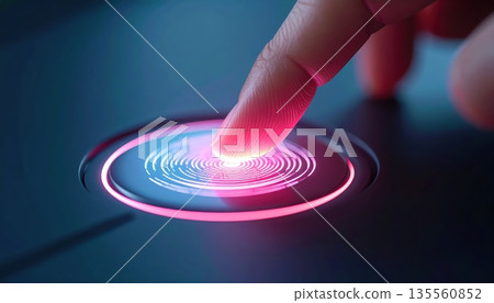 Close-up of a person's finger touching a futuristic digital interface with glowing holographic circles and colorful light effects Close-up of a person's finger touching a futuristic digital interface with glowing holographic circles and colorful light effects 135560852