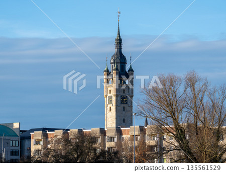 Dessau, Germany. 01.17.2026 Historic Town Hall Tower in Dessau Under Winter Sky Dessau, Germany. 01.17.2026 Historic Town Hall Tower in Dessau Under Winter Sky 135561529