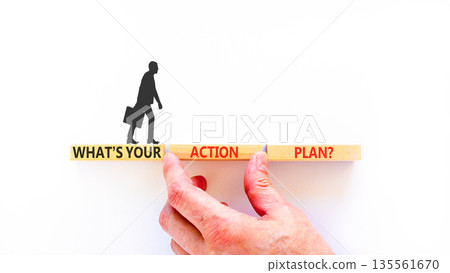 What is your action plan symbol. Concept words What is your action plan on beautiful blocks. Beautiful white background. Businessman's hand. Business what is your action plan concept. Copy space. 135561670