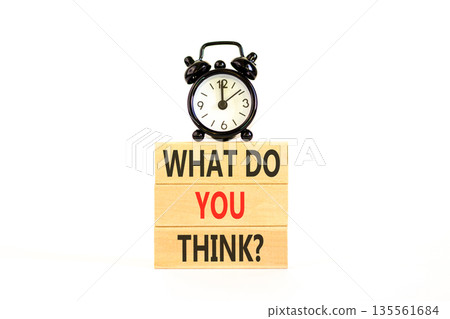 Support, help what do you think symbol. Concept words What do you think on beautiful wooden blocks. Beautiful white background. Black alarm clock. Business what do you think concept. Copy space. 135561684