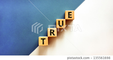 True symbol. Concept word True on beautiful wooden blocks. Beautiful white and blue background. Business, lifestyle, support and true concept. Copy space. 135561698