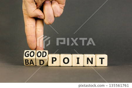 Good or bad point symbol. Concept words Good point Bad point on beautiful wooden blocks. Beautiful grey table grey background. Businessman hand. Business good bad point concept. Copy space Good or bad point symbol. Concept words Good point Bad point on beautiful wooden blocks. Beautiful grey table grey background. Businessman hand. Business good bad point concept. Copy space 135561761