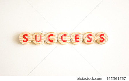 Successful success symbol. Concept word Success on beautiful wooden circles. Beautiful white background. Business success or successful concept. Copy space. 135561767