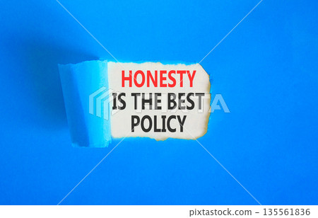 Honesty is the best policy symbol. Concept words Honesty is the best policy on beautiful white paper. Beautiful blue paper background. Business honesty is the best policy concept. Copy space. 135561836