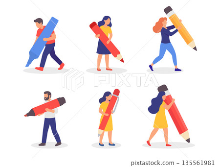 Set of six characters carrying oversized pens and pencils. Flat vector illustrations symbolizing education, creativity, and teamwork. Set of six characters carrying oversized pens and pencils. Flat vector illustrations symbolizing education, creativity, and teamwork. 135561981