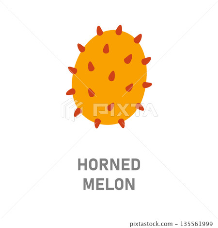 Horned melon, kiwano fruit. Spiky tropical fruit icon isolated on white background 135561999