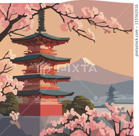 Traditional Japanese landscape illustration - Cherry blossoms, five-story pagoda, Mt. Fuji vector illustration 135562016