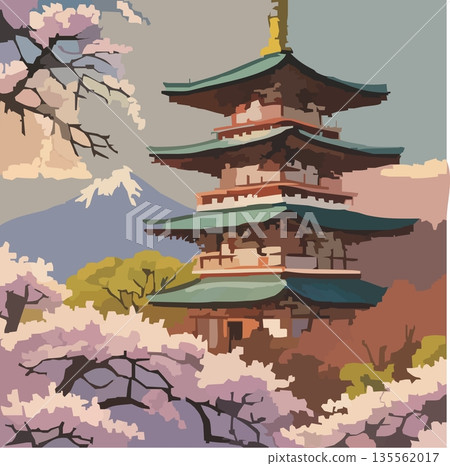 Vector illustration of cherry blossoms in full bloom, Mt. Fuji, and the tower of the ancient capital Vector illustration of cherry blossoms in full bloom, Mt. Fuji, and the tower of the ancient capital 135562017