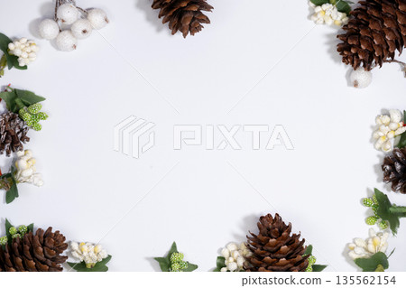 Christmas and Winter Holiday Frame with Pine Cones, Cinnamon and Fir 135562154
