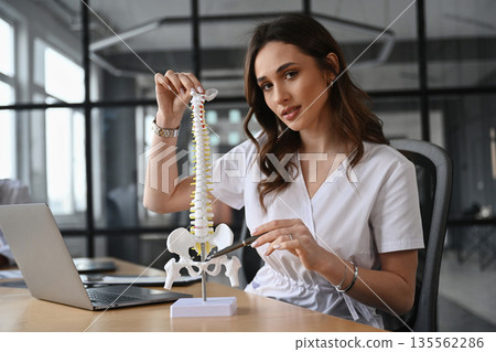 Teaching, with model of human spine. Woman doctor is in the office Teaching, with model of human spine. Woman doctor is in the office 135562286