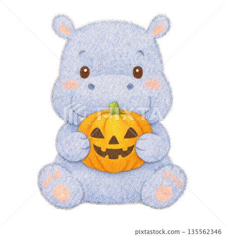 【萬聖節】河馬手持南瓜燈的色鉛筆插畫 135562346