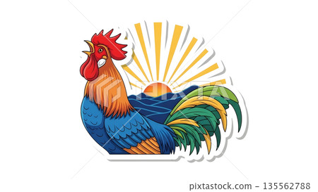 Rooster Crowing at Sunrise Sticker Illustration 135562788