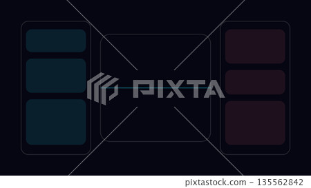 Three-column dark layout with left and right sidebars of stacked cards flanking a central panel split by a horizontal line, suggesting web interface design. Three-column dark layout with left and right sidebars of stacked cards flanking a central panel split by a horizontal line, suggesting web interface design. 135562842
