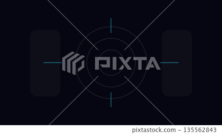 Futuristic interface design with central radar-like concentric rings and vertical markers, flanked by rectangular HUD elements on both sides. Futuristic interface design with central radar-like concentric rings and vertical markers, flanked by rectangular HUD elements on both sides. 135562843