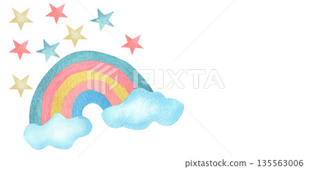 Watercolor Template invitation or cards rainbow with blue clouds and stars. A gentle newborn greeting or birthday template and flyers and packages of children's goods, scrapbooking and other ideas Watercolor Template invitation or cards rainbow with blue clouds and stars. A gentle newborn greeting or birthday template and flyers and packages of children's goods, scrapbooking and other ideas 135563006