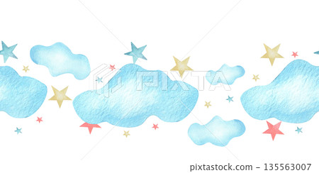 Seamless border horizontal watercolor illustration clouds and stars. for stationery, scrapbooking, wedding invites, fabric patterns, greeting cards, newborn, baby shower, greeting or birthday template Seamless border horizontal watercolor illustration clouds and stars. for stationery, scrapbooking, wedding invites, fabric patterns, greeting cards, newborn, baby shower, greeting or birthday template 135563007