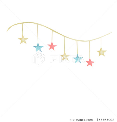 Watercolor Garlands with stars in soft tones. Drawing pennants for baby showers, greeting cards or children's party invitations. Decoration of kindergartens and holiday decorations, wedding, new year Watercolor Garlands with stars in soft tones. Drawing pennants for baby showers, greeting cards or children's party invitations. Decoration of kindergartens and holiday decorations, wedding, new year 135563008