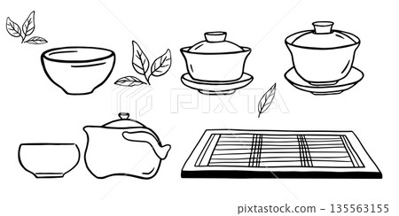 Porcelain tea ware set. Chinese tea ceremony doodle illustrations Porcelain tea ware set. Chinese tea ceremony doodle illustrations 135563155