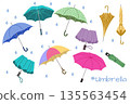 Set of various umbrellas in different positions. Portable umbrellas for travel and rainy weather adventures. Vector illustration. 135563454