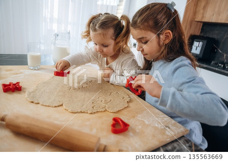 Side view, busy. Two little girls are preparing bakery at home Side view, busy. Two little girls are preparing bakery at home 135563669